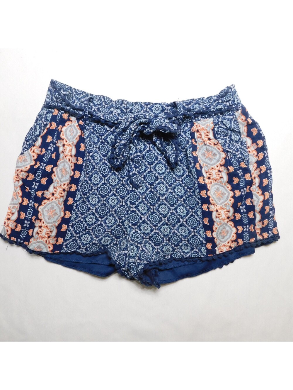 Unbranded Women's Shorts Size S Blue Patchwork Tile Floral Pom Pom Hem Boho Loun